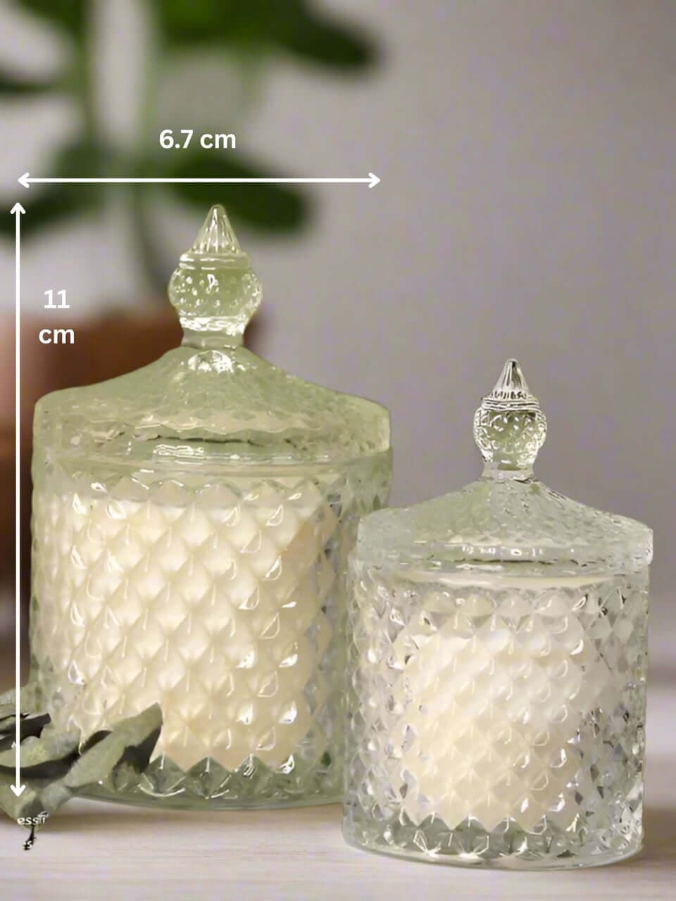 Vanilla scented soy wax candle in a beautiful crystal jar candle with dimensions.