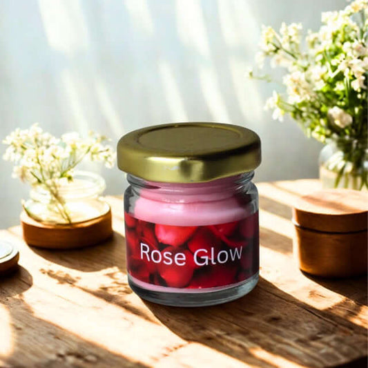 Jar labeled 'Rose Glow' on a wooden surface with flowers in the background