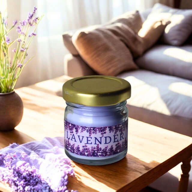 Jar of lavender candle on a wooden table with a blurred living room background
