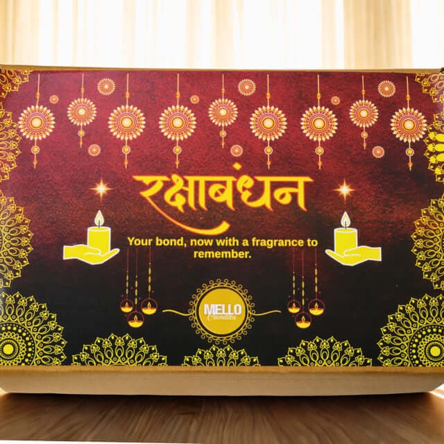 Decorative box with gold and red design, featuring text and Mello logo.