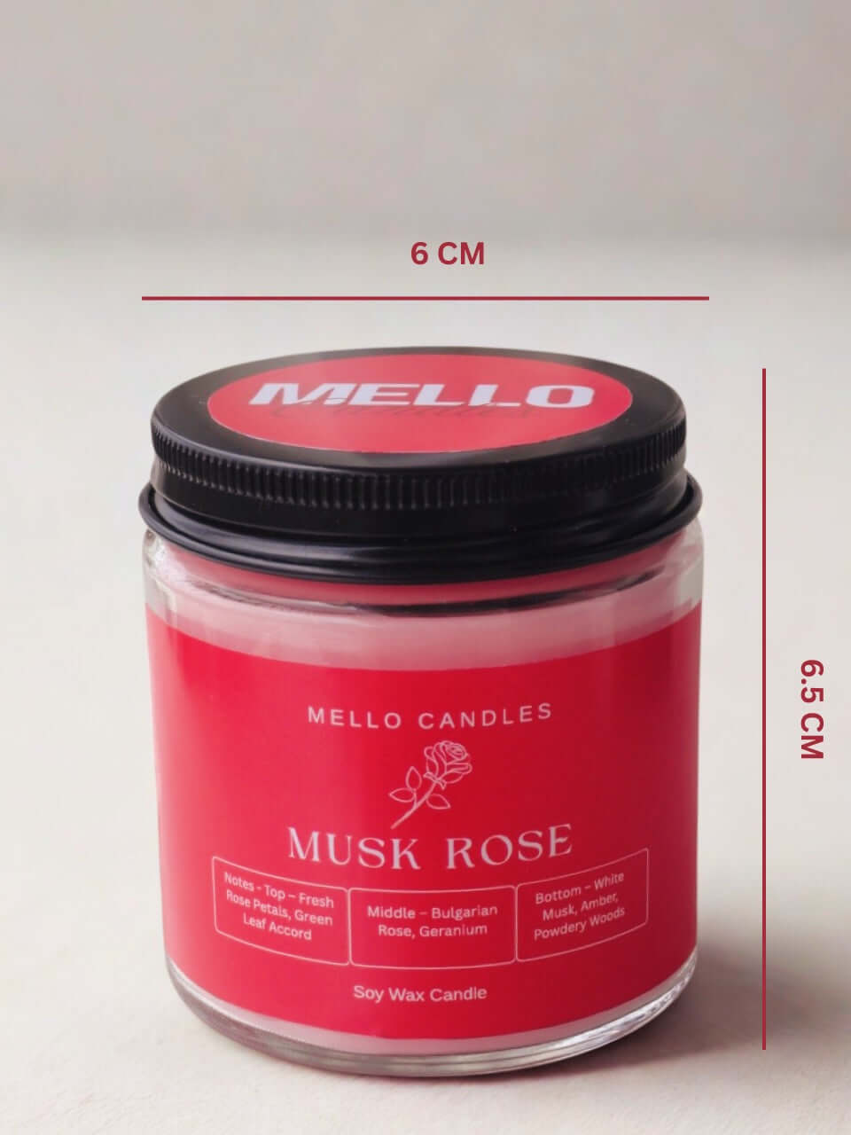 Rose and Musk Scented Candle - With dimensions.