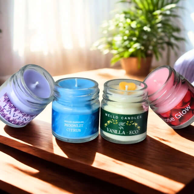 Four candles in jars with visible brand names on a wooden surface with a plant in the background.