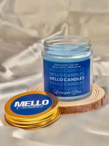 Mello Candles Midnight Blue Citrus – vibrant glass candle with rich fruity and musky aroma.