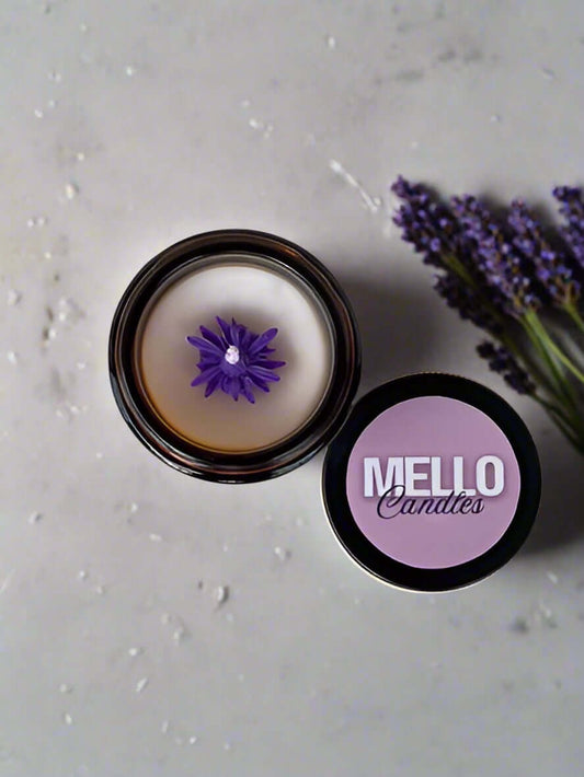 Mello Candle Kashmiri Lavender Soy Candle top view with lavender on the marble floor