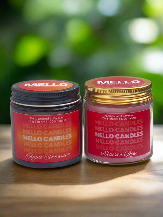 Glass jar candle duo – Juicy Red Apple and Cinnamon Spice paired with romantic Rose fragrance