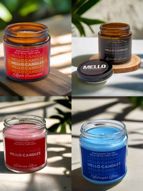 Set of 4 glass jar candles – Citrus, Lavender, vanilla Essence, Apple Cinnamon, and Rose scented collection.