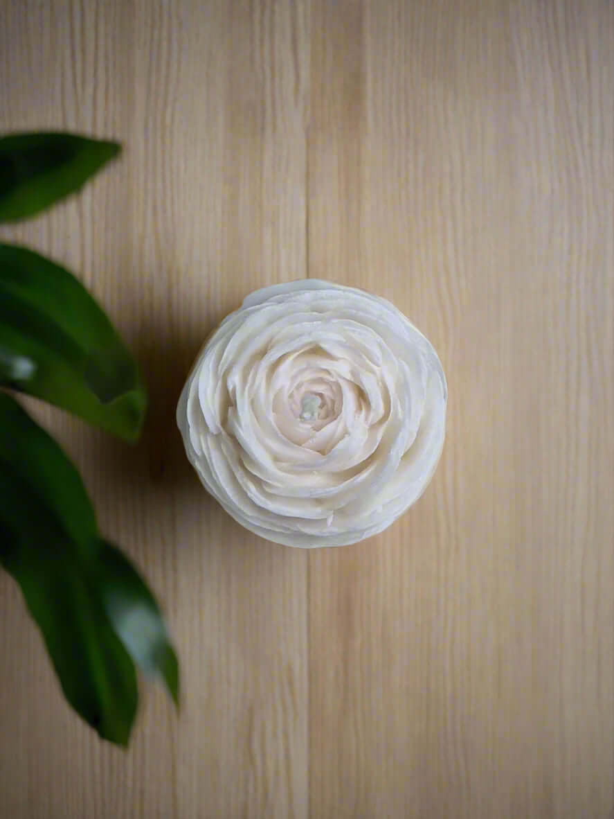 Hand-poured rose-shaped candle – Top view with open petals, perfect for home accents 