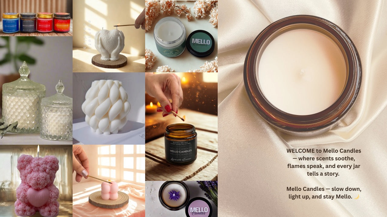 Collage of Mello Candles with product images and a welcoming message.
