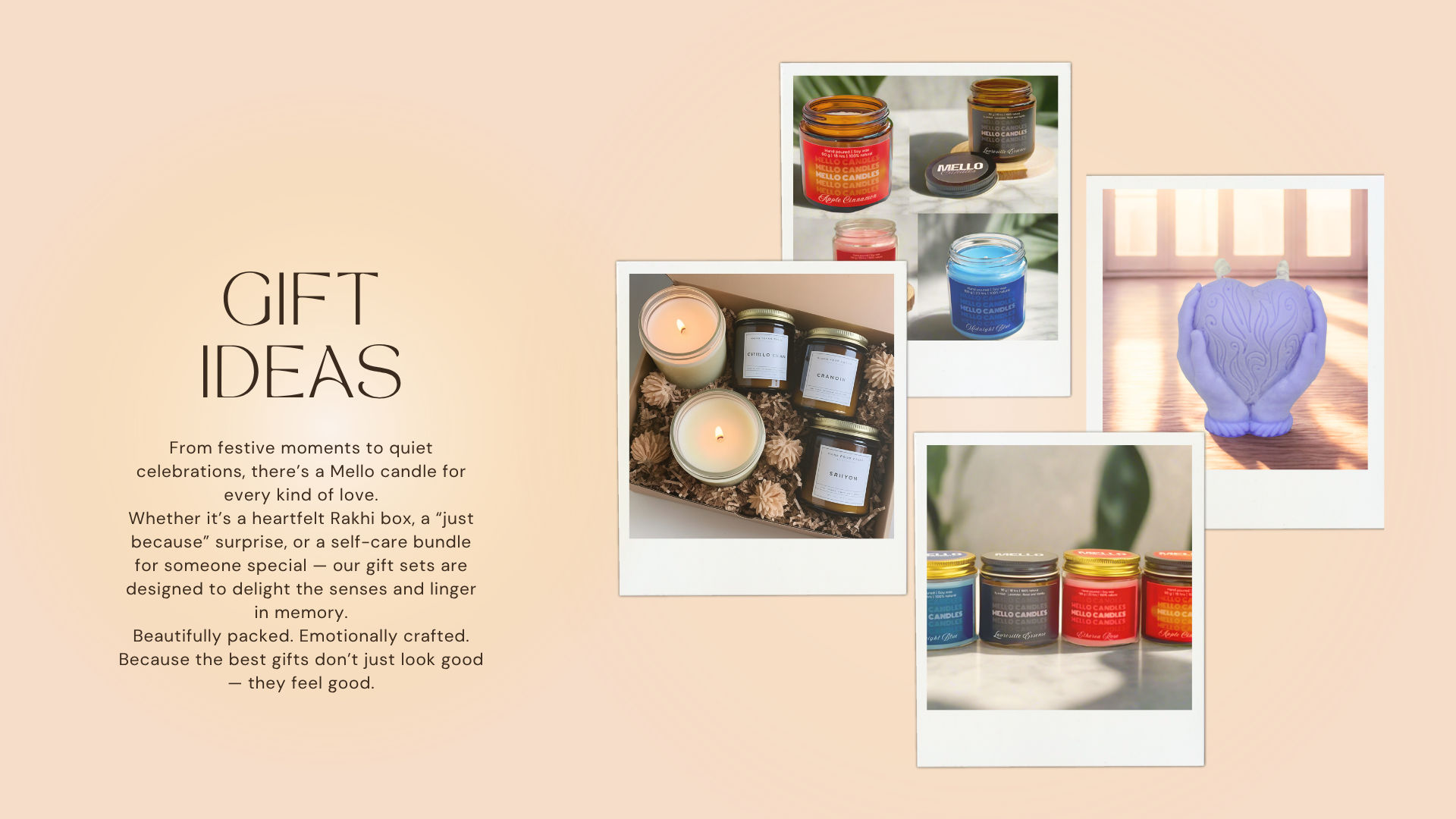Promotional image for Mello candles with product images and text on a beige background