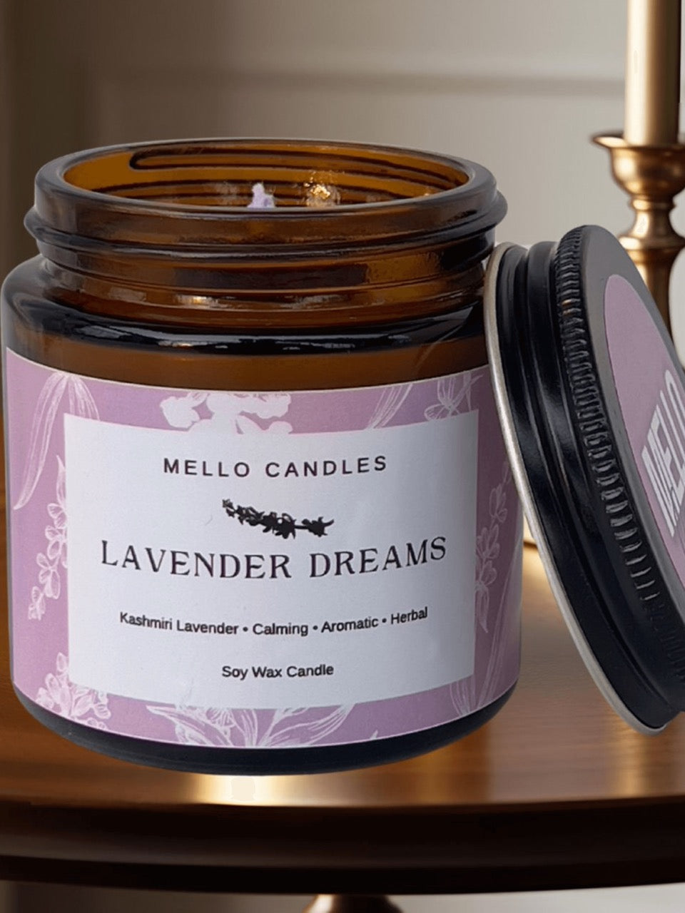 Lavender Dreams soy candle by Mello Candles – Kashmiri lavender scent in jar on wooden table