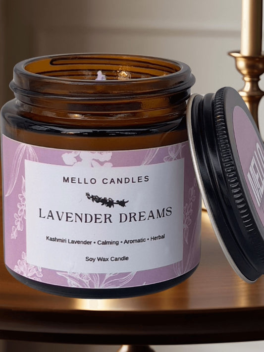 Lavender Dreams soy candle by Mello Candles – Kashmiri lavender scent in jar on wooden table