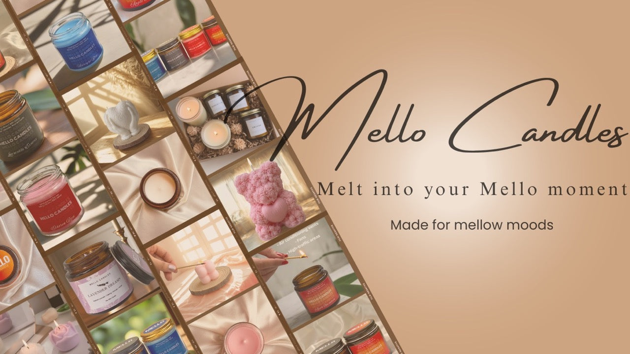 Promotional image of Mello Candles with various candles and the brand name displayed.