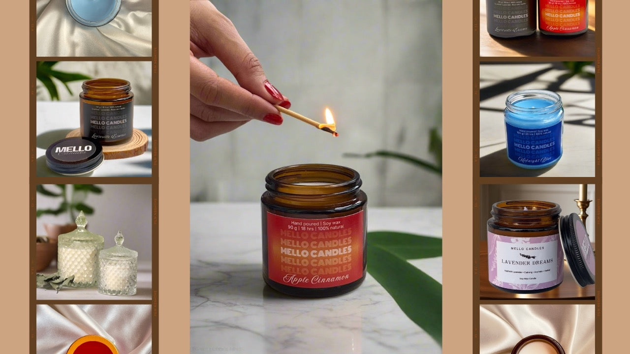 Hand lighting a candle with a display of candles in the background